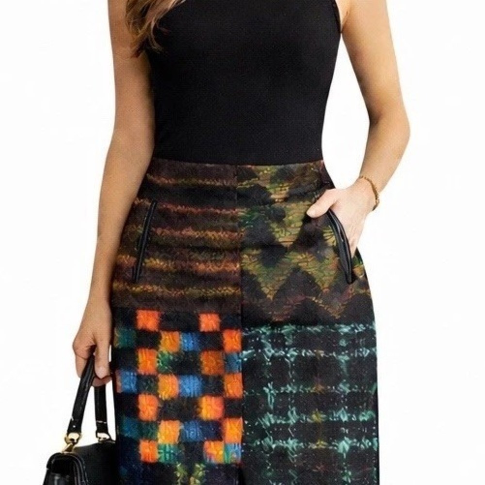 Linea‎ Domani Patchwork Skirt 10 Abstract Plaid Multicolor Pencil Midi Academia